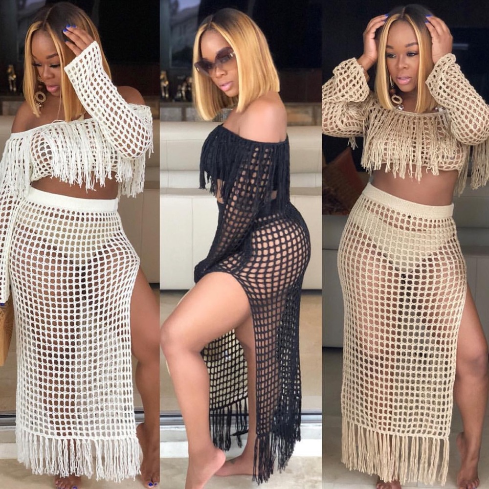 Beach Cover Up Crochet Knit Fringes Maxi Skirt Set - Picture 2 of 8